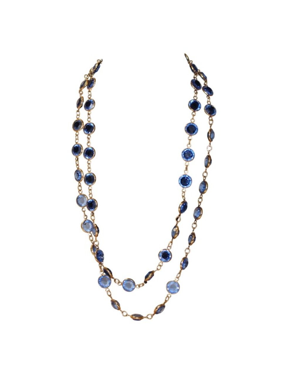Vintage Gold Tone Faceted Blue Glass Crystal Bezel Station Long Chain Necklace